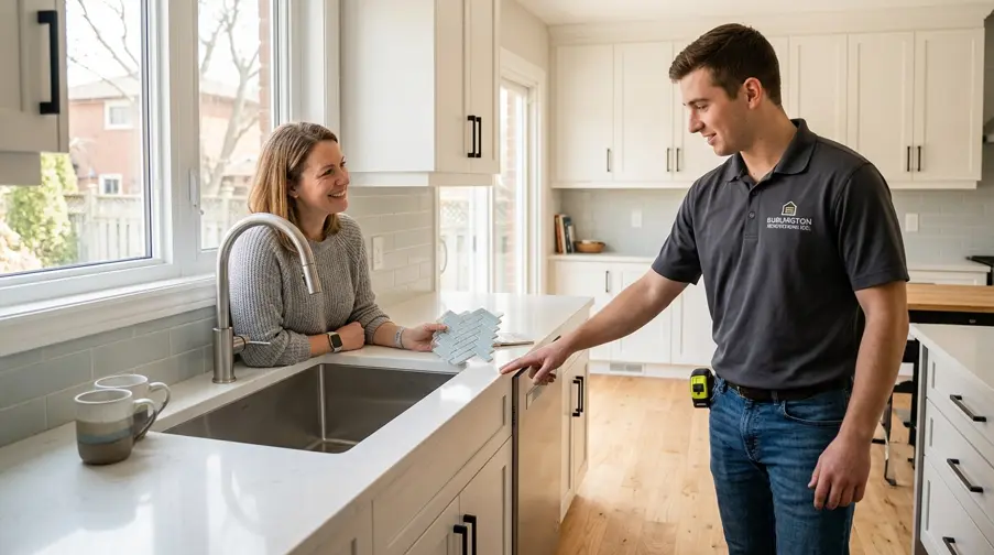 Home contractor discussing kitchen renovation and tile backsplash options with a Burlington homeowner